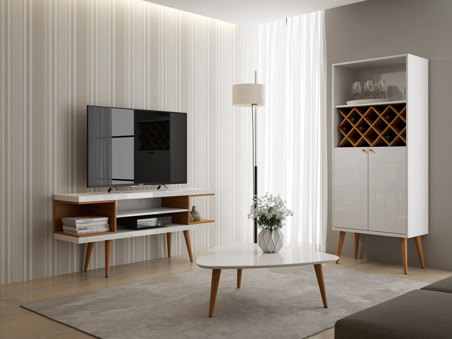 Eureka Modern 53.14" TV Stand with 4 Shelves - White Gloss/Maple Cream