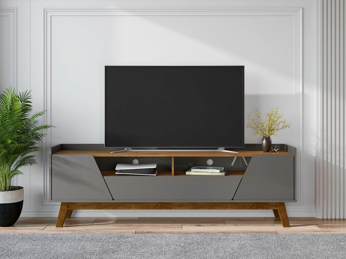 Marcus Mid-Century Modern TV Stand with 2 Drawers - Grey/Brown