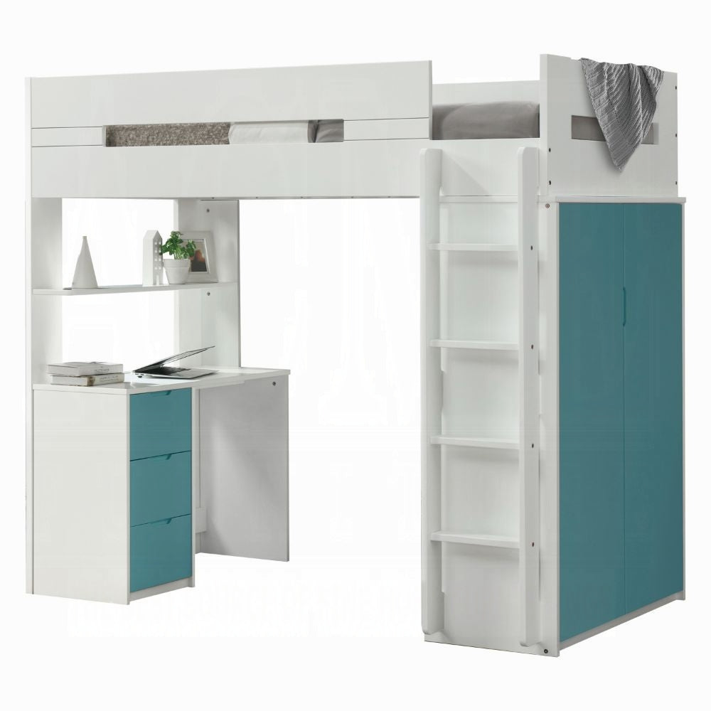 Lilo Twin Bunk/Loft Bed W/Workstation & Wardrobe - White/Teal