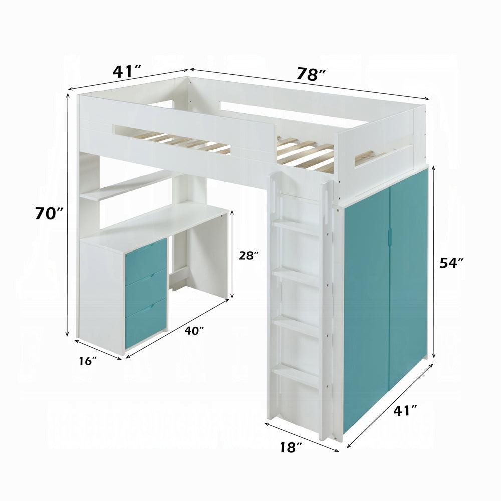 Lilo Twin Bunk/Loft Bed W/Workstation & Wardrobe - White/Teal