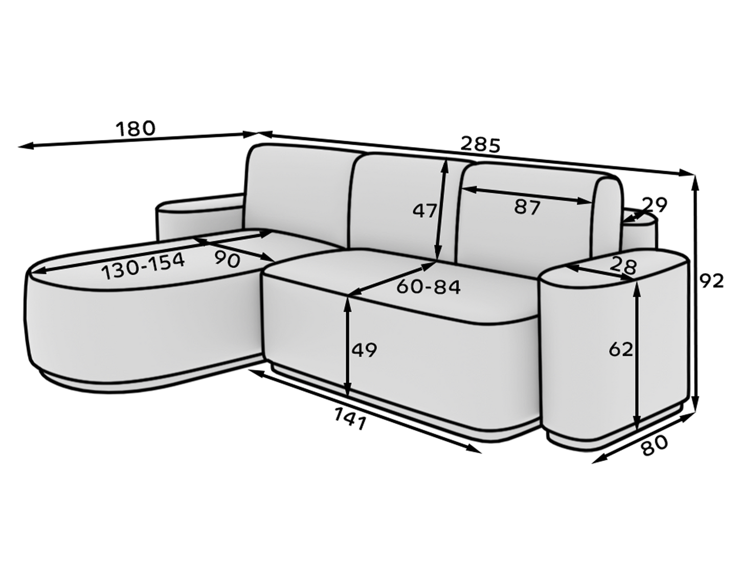 Aurumm 4 Seater Storage Sleeper Chaise Sofa - Light Grey