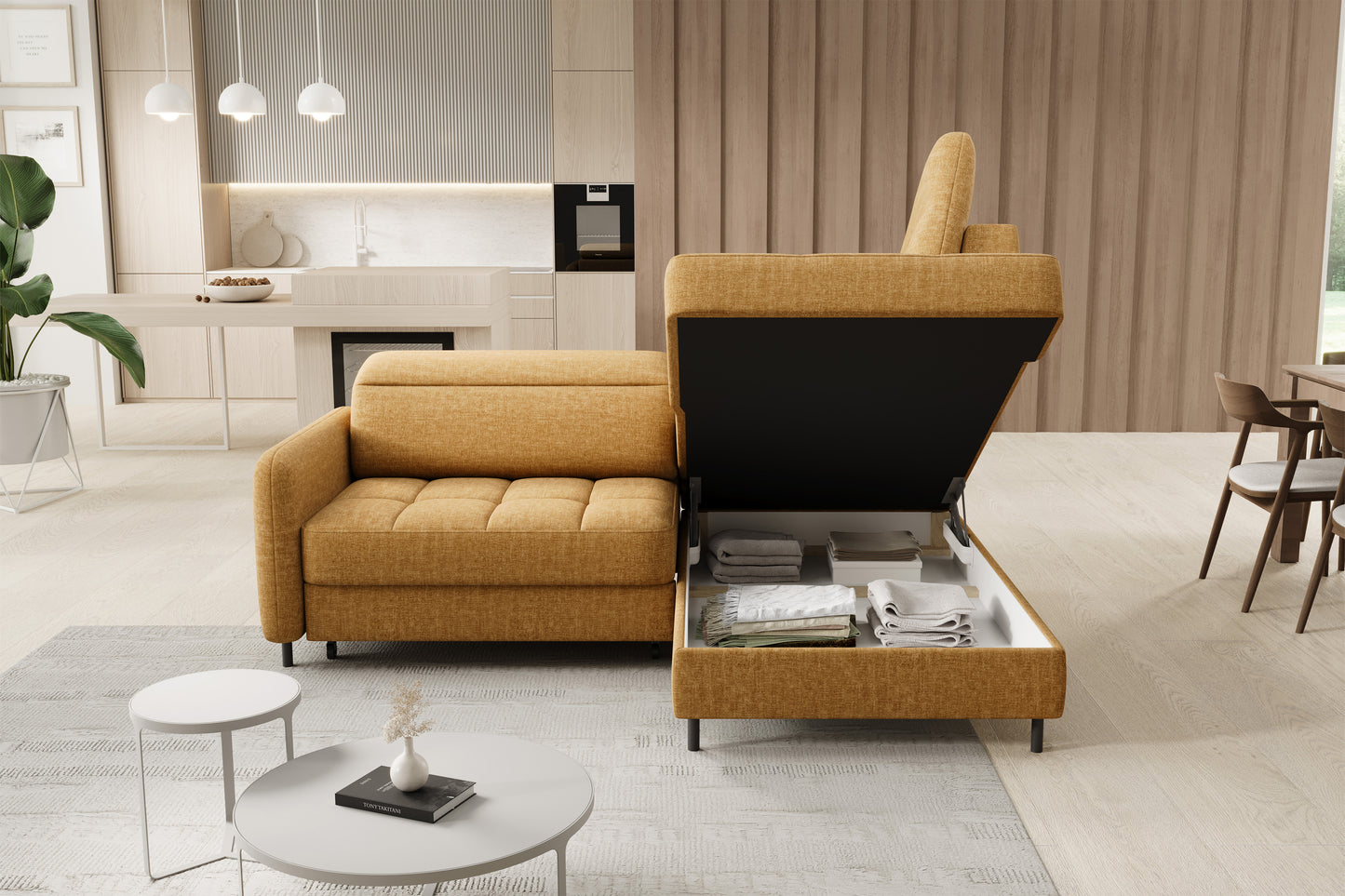 Barea 3 Seater Storage Sleeper Chaise Sofa - Mustard