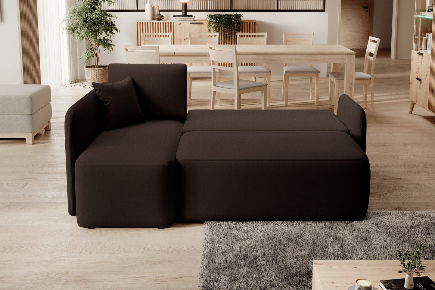 Hadson 3 Seater Storage Sleeper Chaise Sofa - Dark Brown