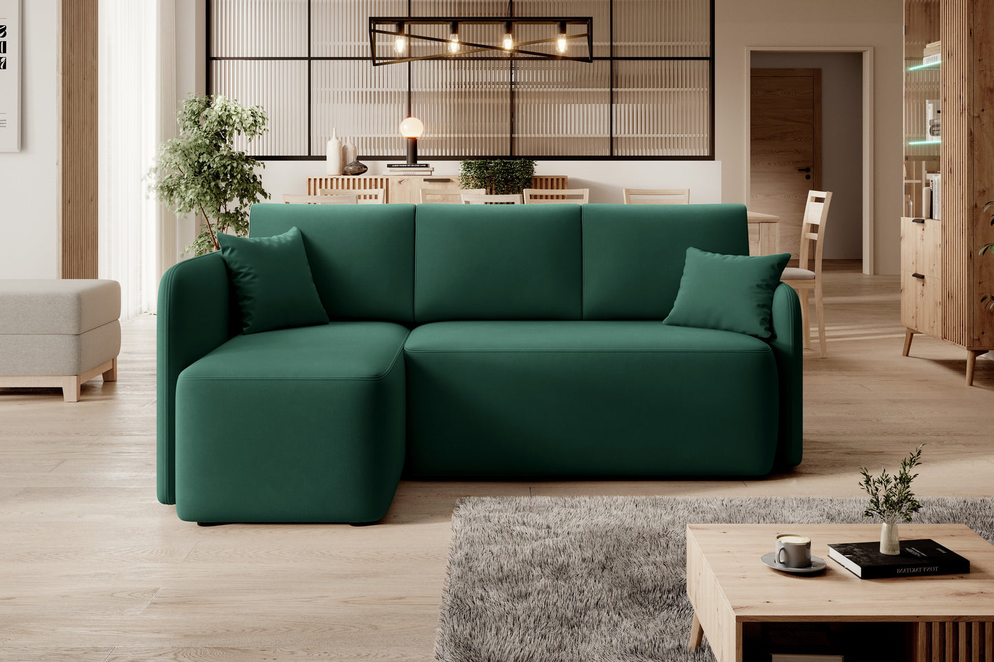 Hadson 3 Seater Storage Sleeper Chaise Sofa - Emerald Green