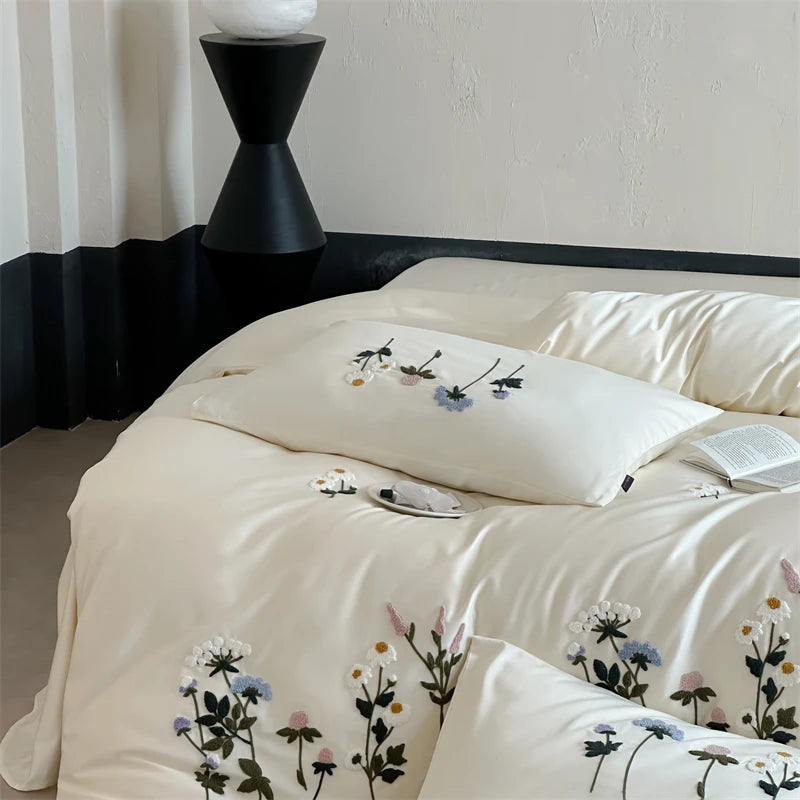Royal Retreat Daisy Floral Embroidery 1000 TC Cotton Duvet Set - White