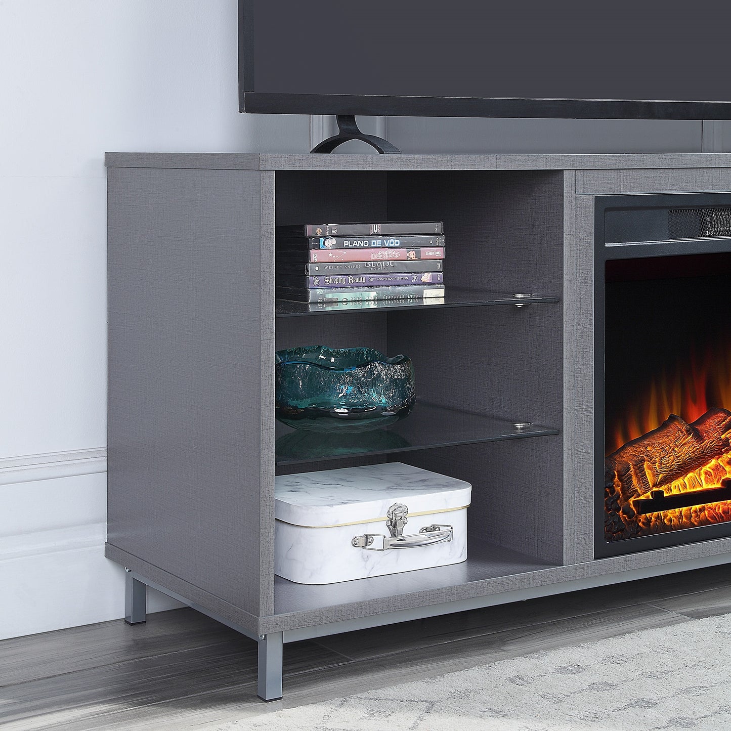 Firey 60" TV Stand/Fireplace with Glass Shelves - Grey Gloss