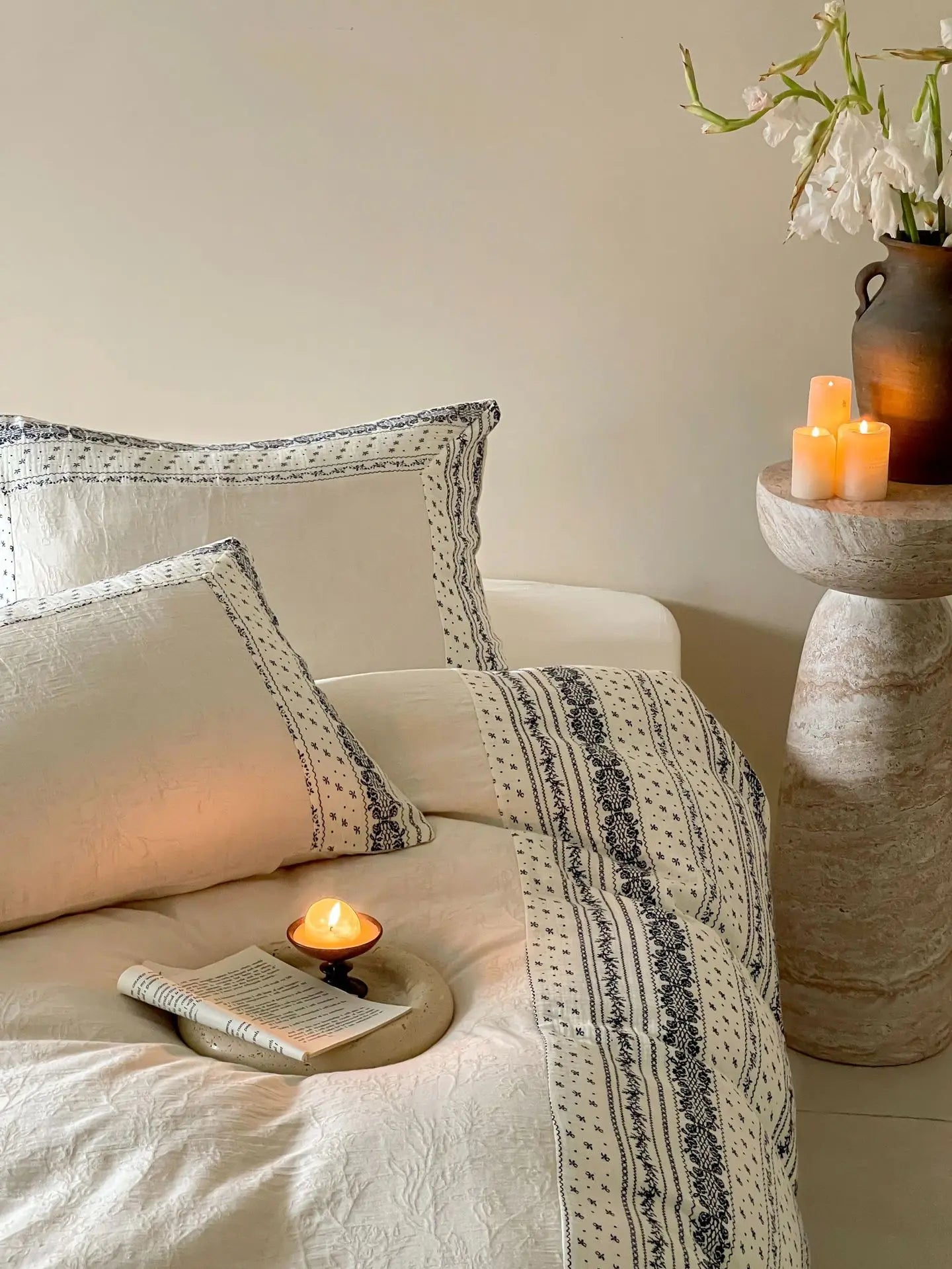 French Chateau Vintage Style Premium 4 Pc Cotton Linen Duvet Set - Cream