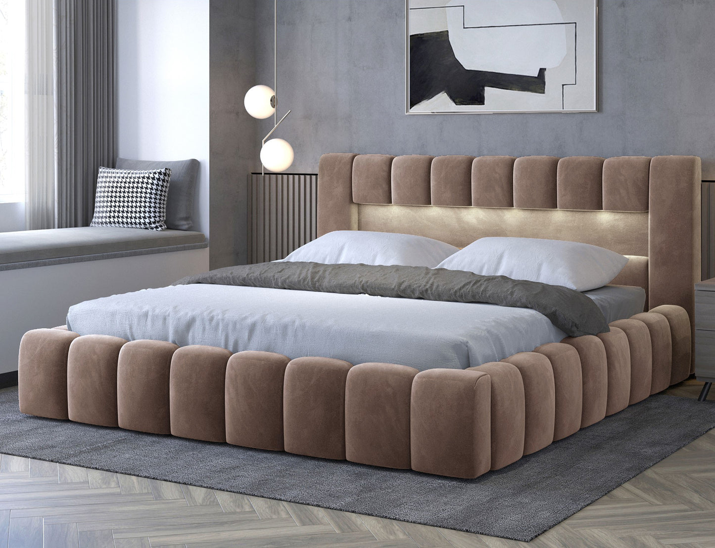 Lamica Upholstered LED Storage Platform Bed - Beige