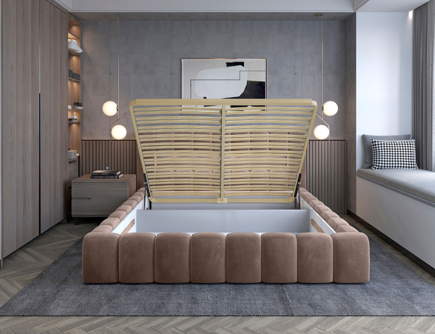 Lamica Upholstered LED Storage Platform Bed - Beige