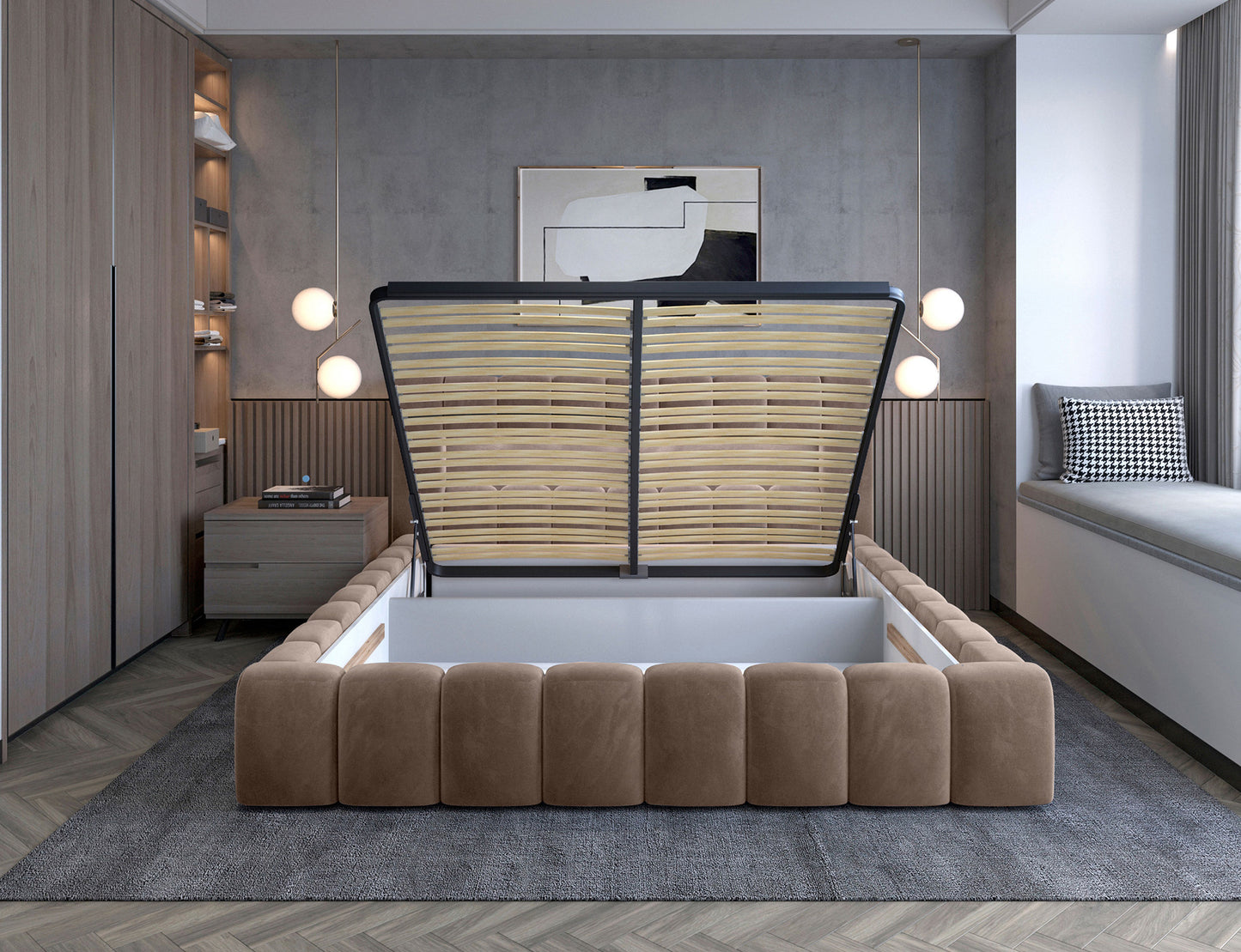 Lamica Upholstered LED Storage Platform Bed - Beige