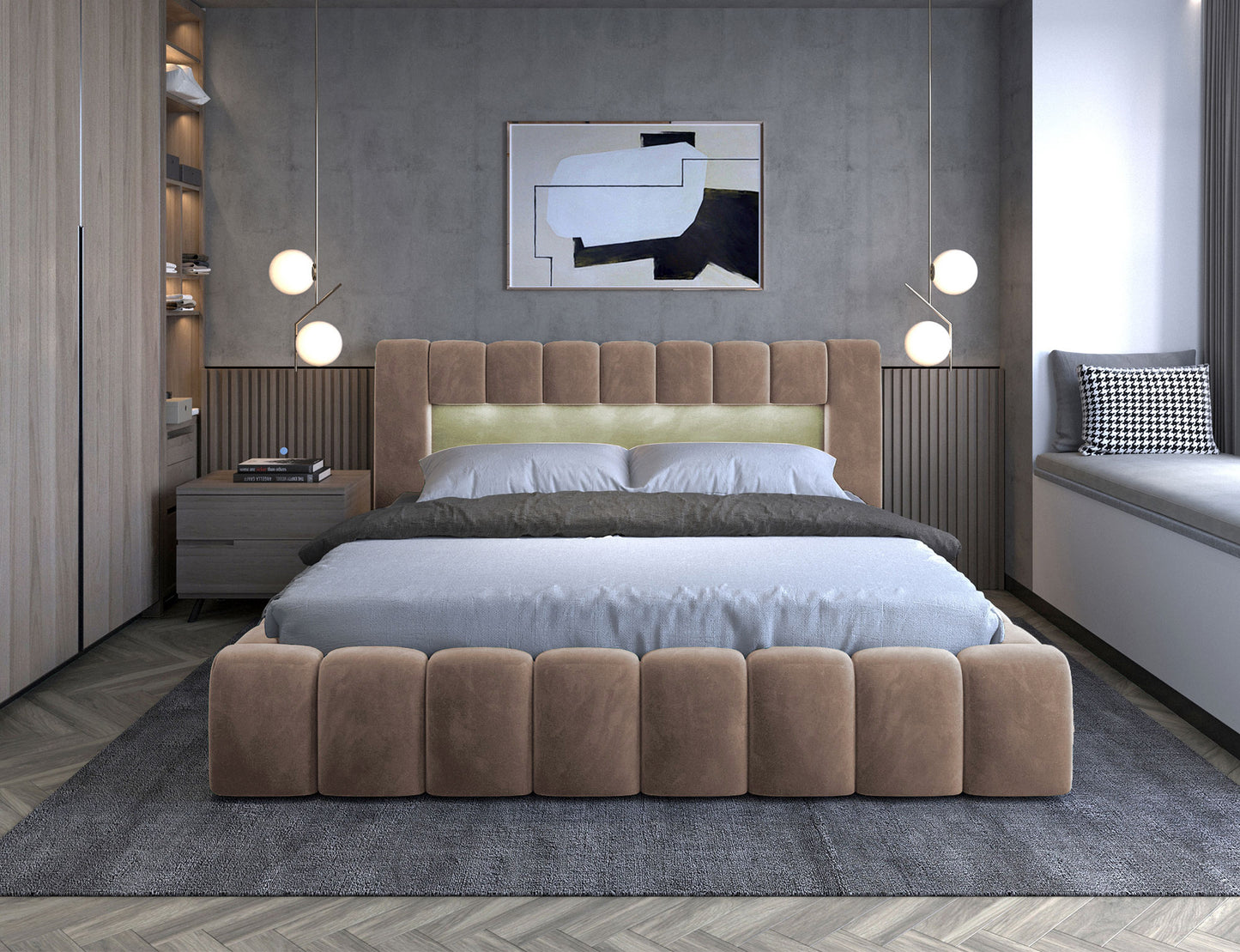 Lamica Upholstered LED Storage Platform Bed - Beige