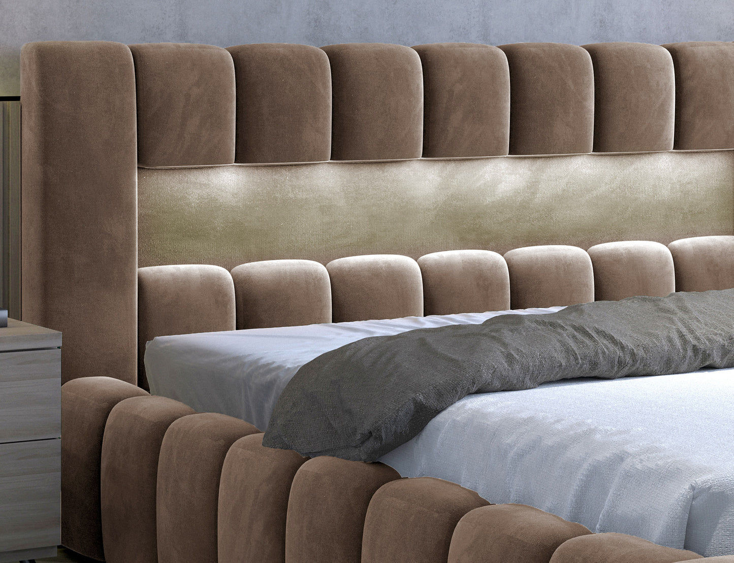 Lamica Upholstered LED Storage Platform Bed - Beige