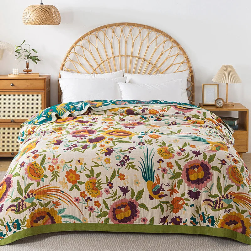 Wild Garden Boho Cotton Blanket/Throw - Cream/Mustard