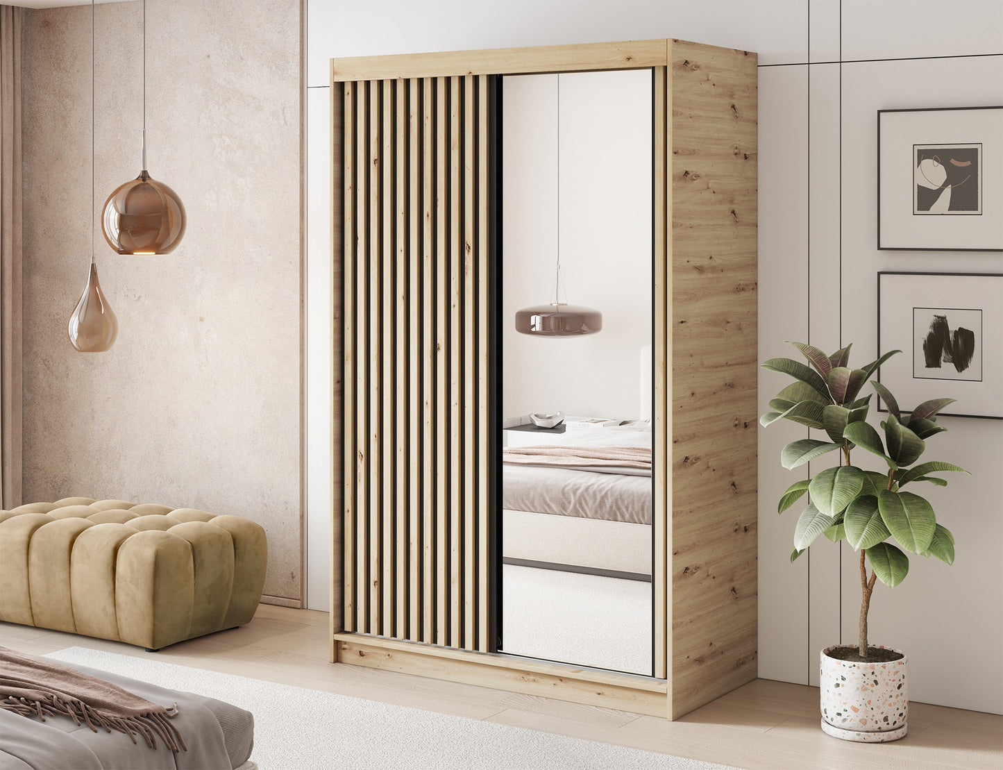 Emerio Mirrored 2 Sliding Door Freestanding Wardrobe - Artisan Oak