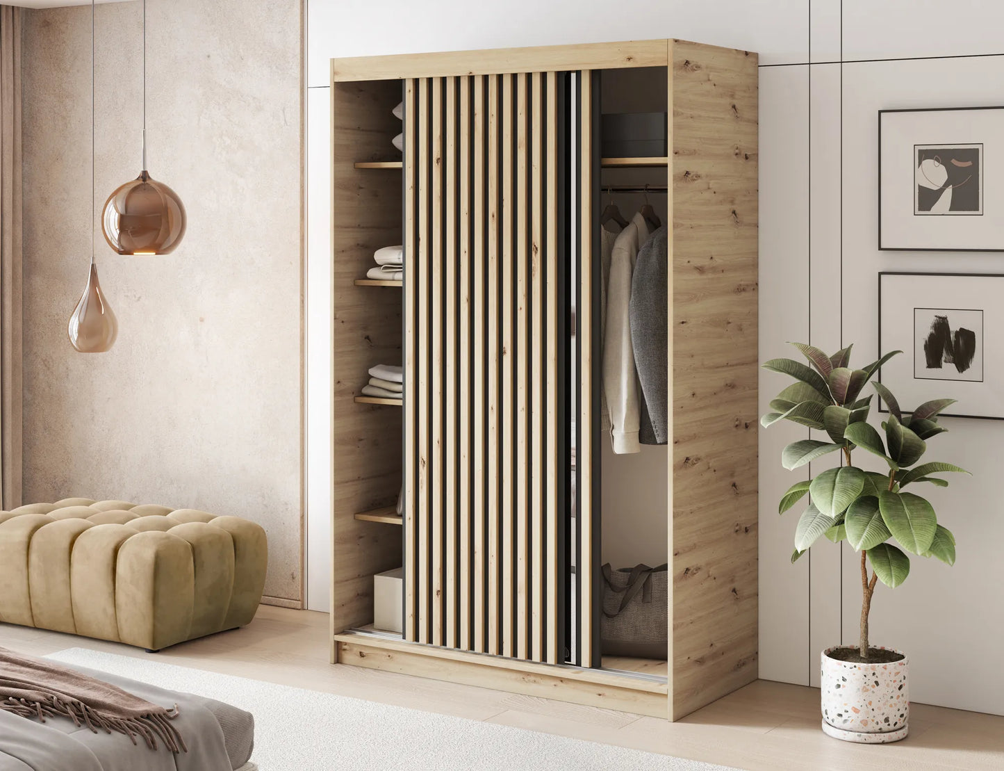Emerio Mirrored 2 Sliding Door Freestanding Wardrobe - Artisan Oak