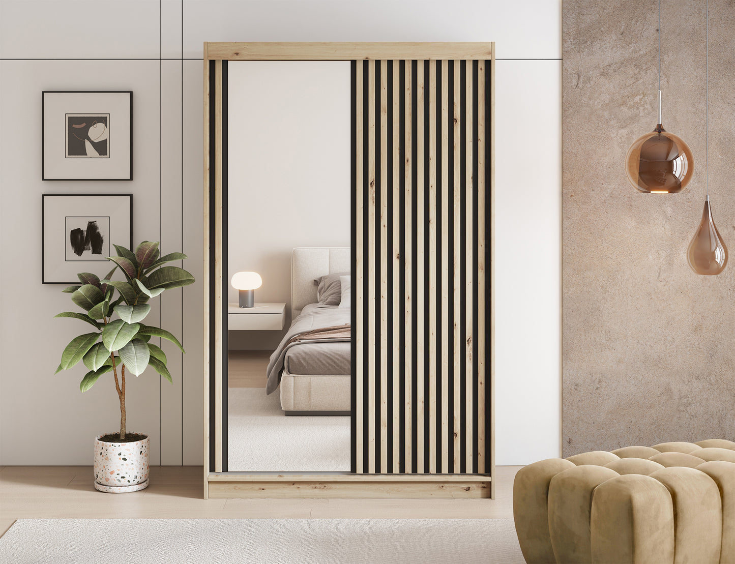 Emerio Mirrored 2 Sliding Door Freestanding Wardrobe - Artisan Oak
