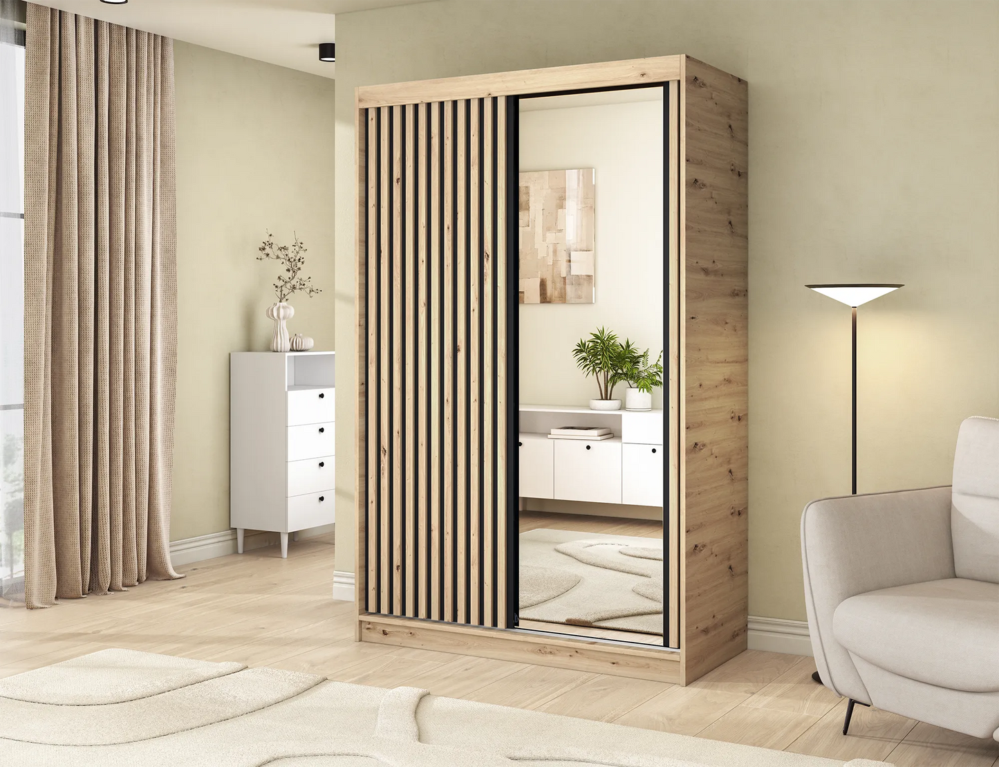 Emerio Mirrored 2 Sliding Door Freestanding Wardrobe - Artisan Oak