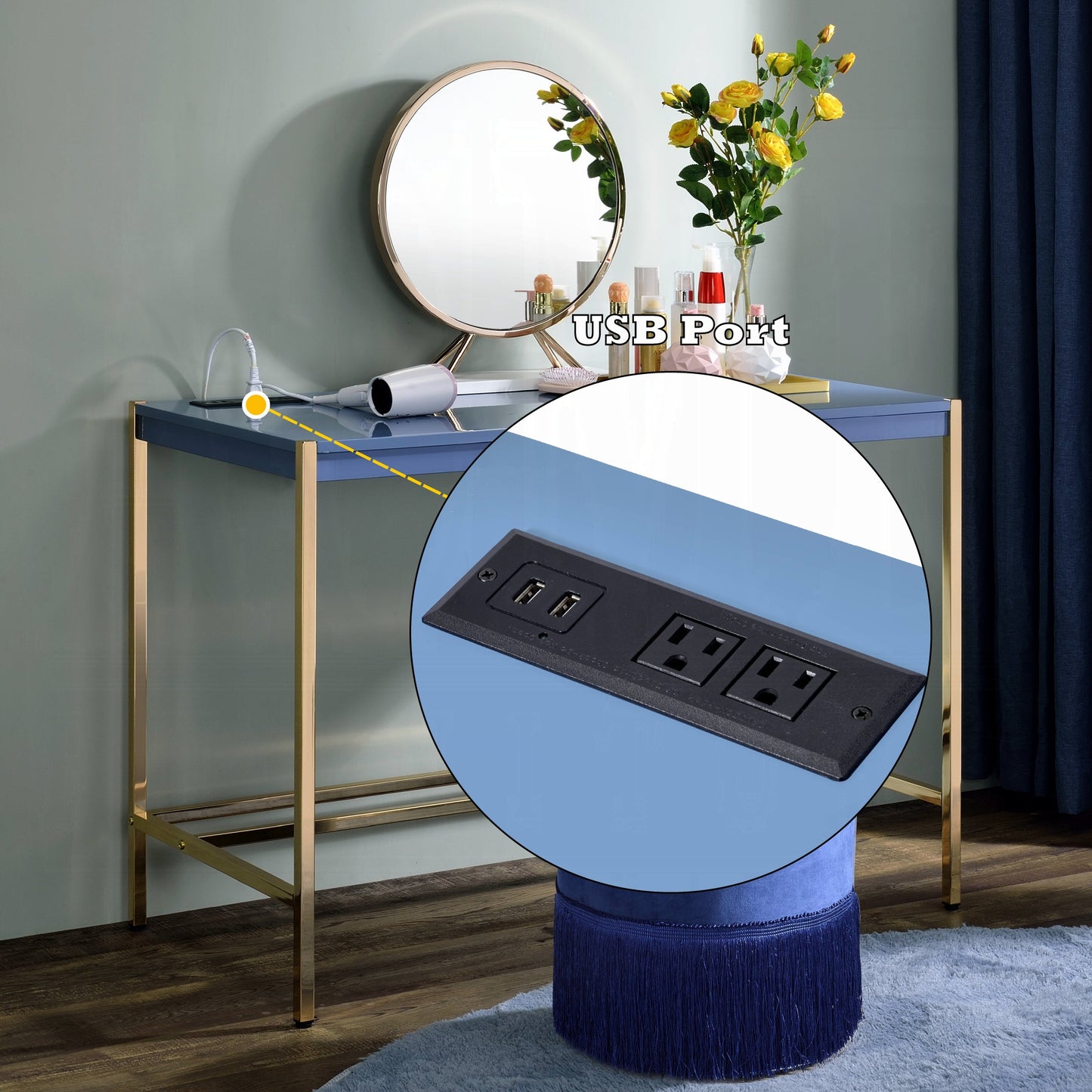 Lunar Elegant Multi-Purpose Desk w/USB Port - Blue/Gold