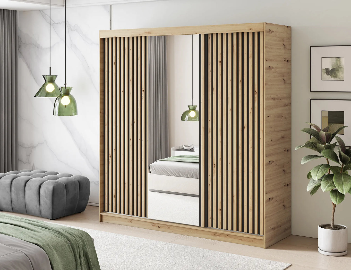 Emerio Mirrored 3 Sliding Door Freestanding Wardrobe - Artisan Oak