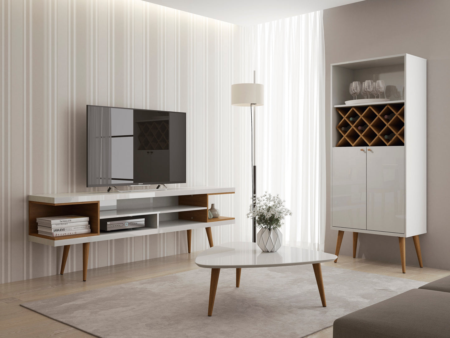 Eureka Modern 70.47" TV Stand with 4 Shelves - White Gloss/Maple Cream