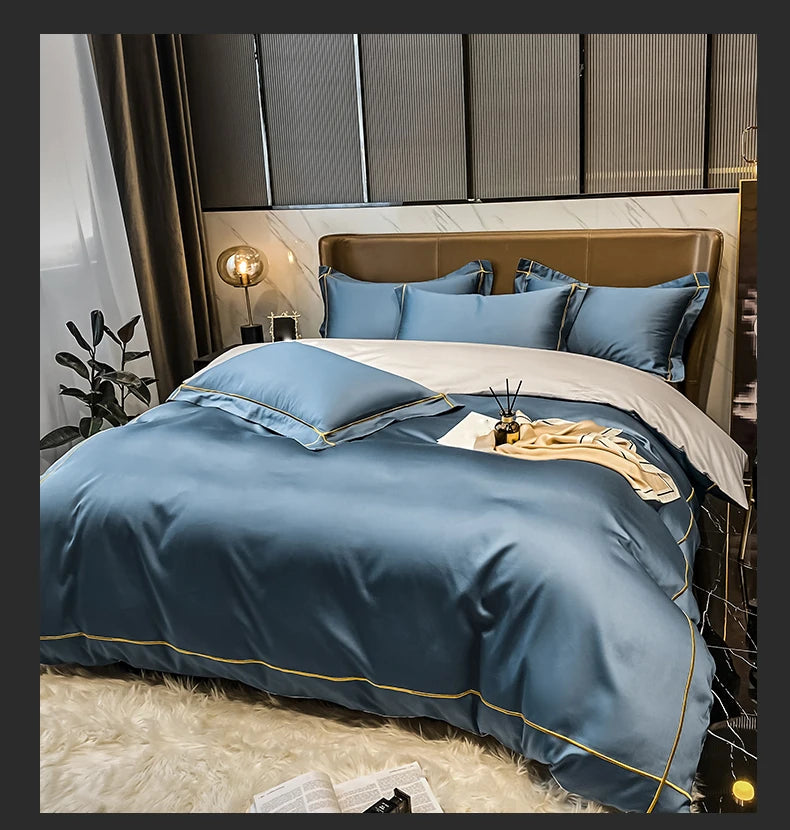 Royal Retreat Fine Gold Embroidered 600 TC Duvet Set - Purple/Dark Grey/White/Steel Blue/Light Grey/Jade Green/Peach Pink/Champagne/Blue/Beige/Aqua Green/Emerald Green