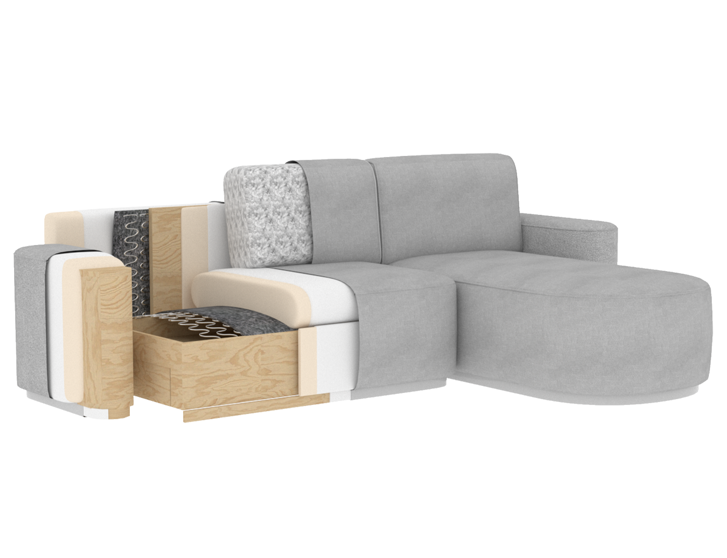 Aurumm 4 Seater Storage Sleeper Chaise Sofa - Light Grey