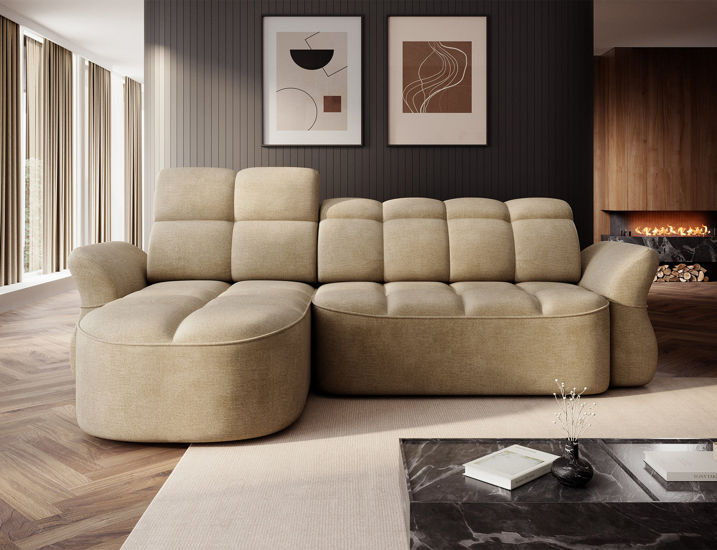 Beneth Storage Sleeper Chaise Sofa - Beige/Taupe