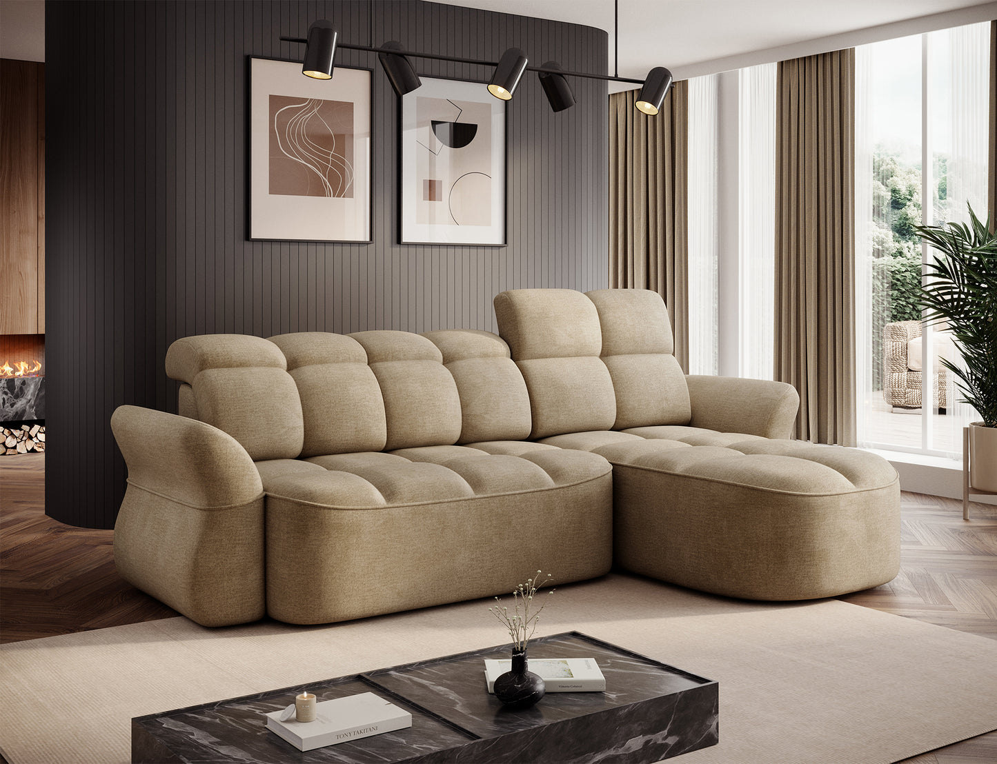 Beneth Storage Sleeper Chaise Sofa - Beige/Taupe