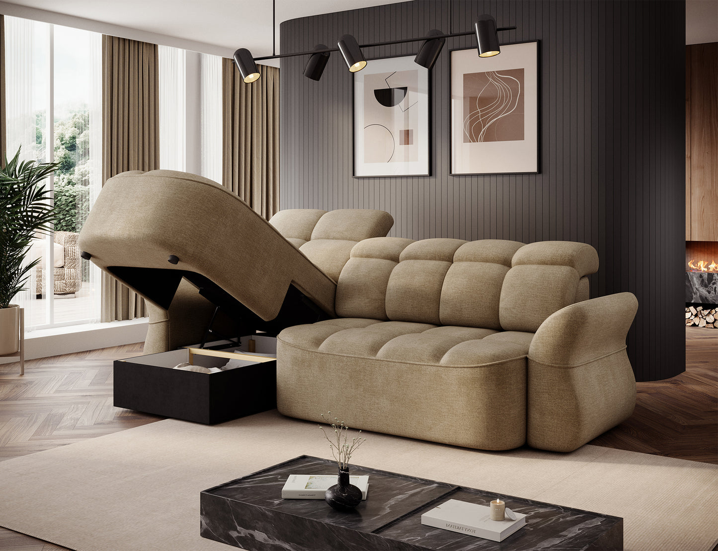 Beneth Storage Sleeper Chaise Sofa - Beige/Taupe