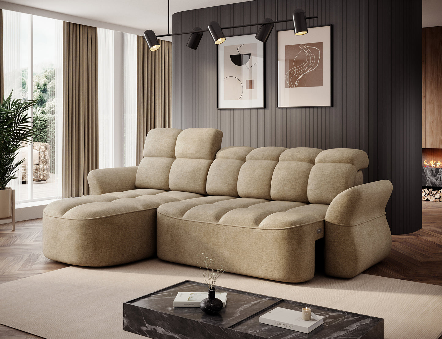 Beneth Storage Sleeper Chaise Sofa - Beige/Taupe