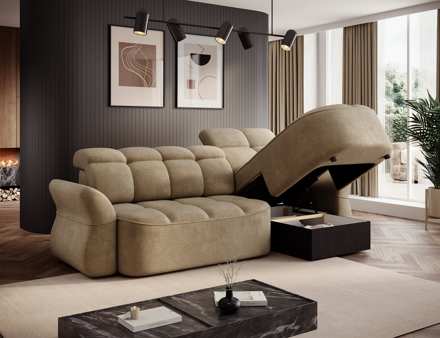 Beneth Storage Sleeper Chaise Sofa - Beige/Taupe