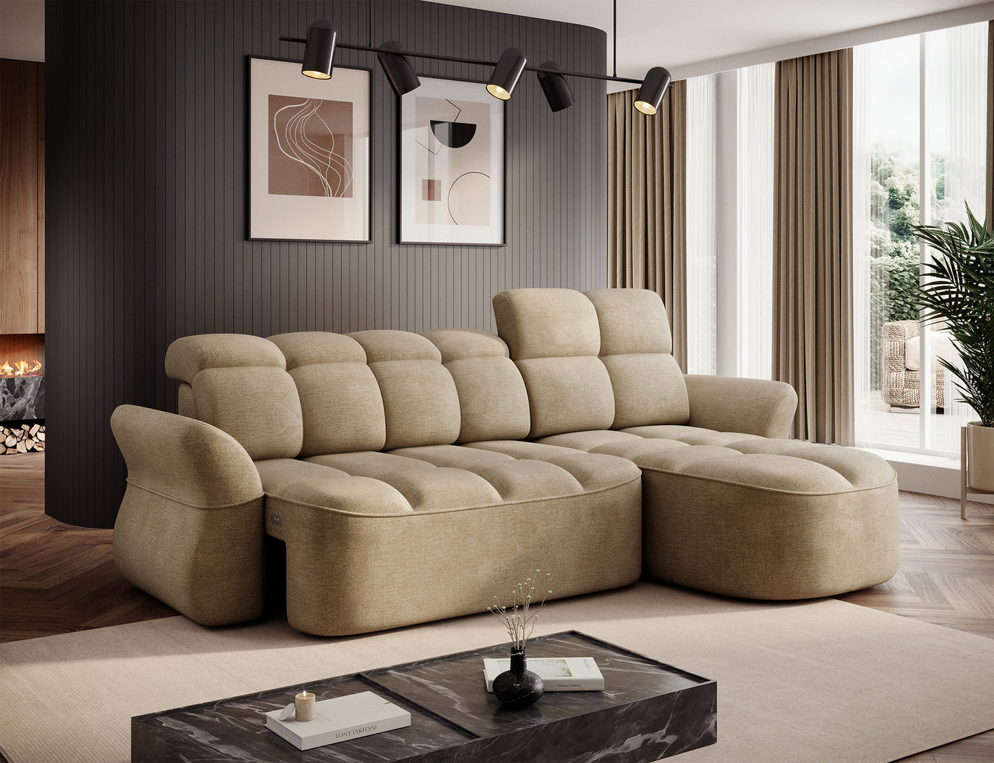 Beneth Storage Sleeper Chaise Sofa - Beige/Taupe