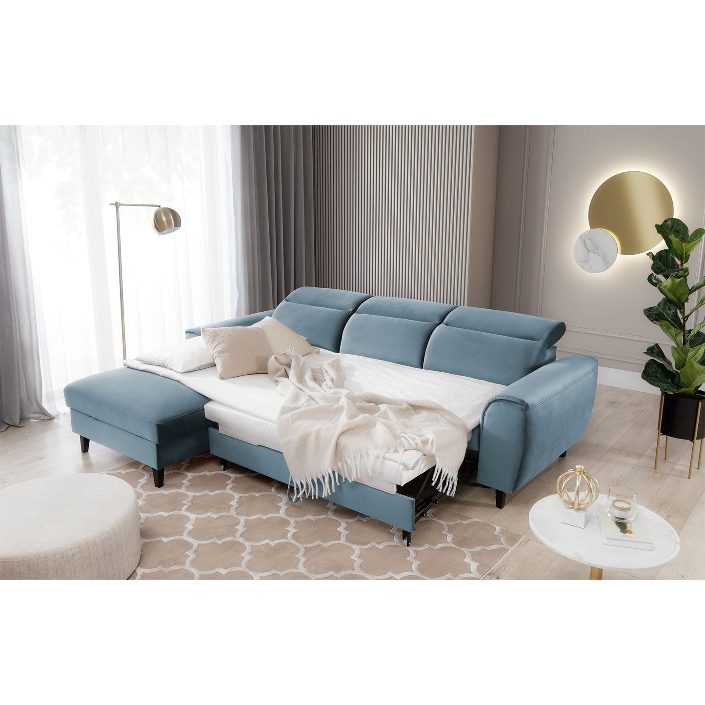 Foble Sectional Storage Sleeper Chaise Sofa - Aqua Blue