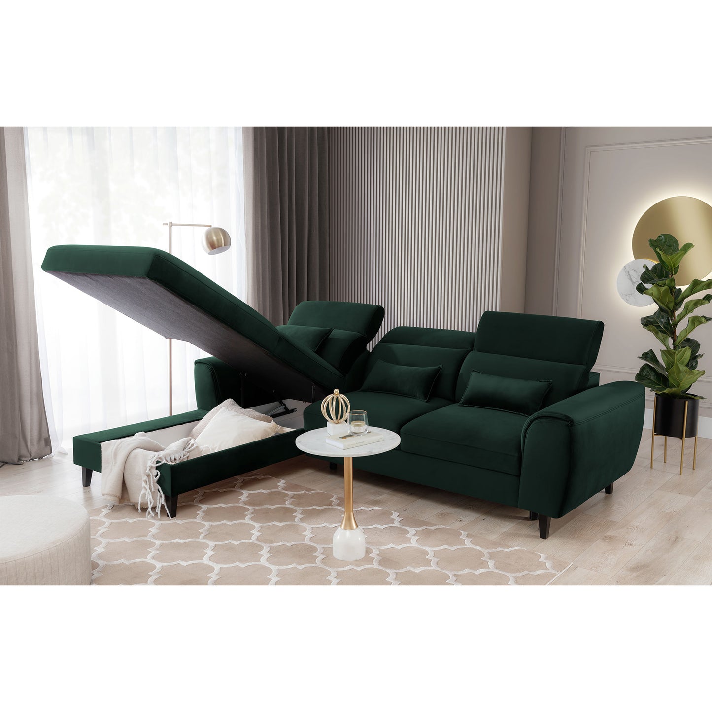 Foble Sectional Storage Sleeper Chaise Sofa - Emerald Green