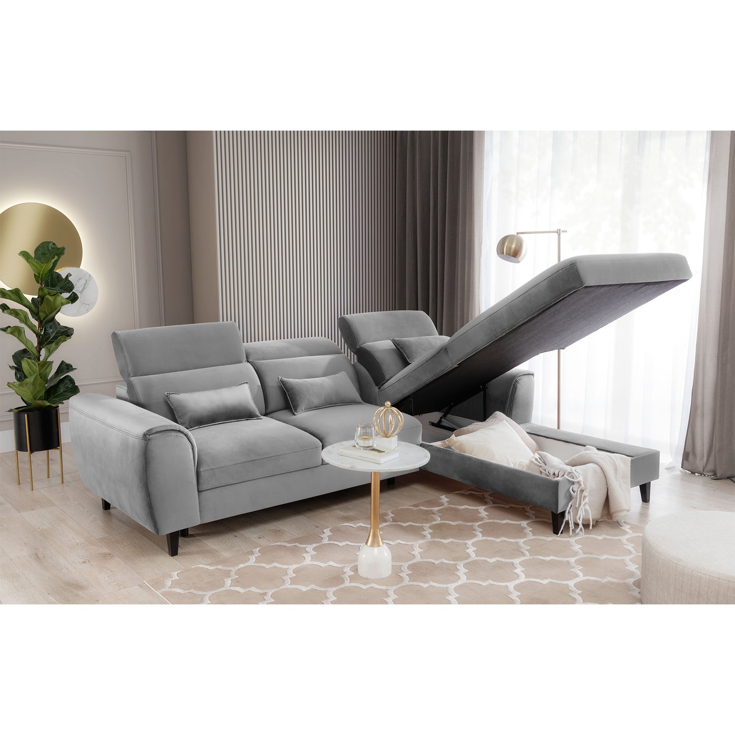 Foble Sectional Storage Sleeper Chaise Sofa - Light Grey
