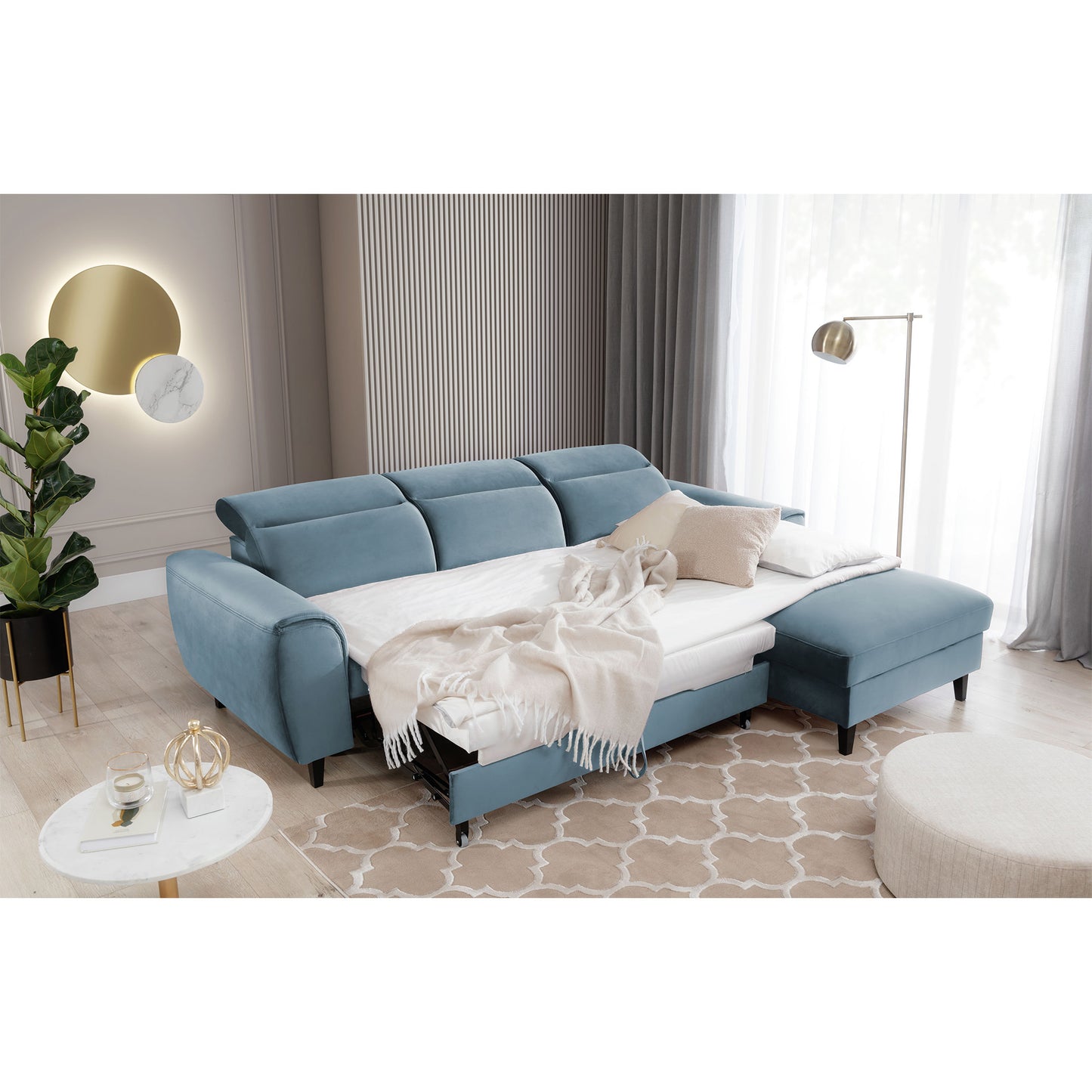 Foble Sectional Storage Sleeper Chaise Sofa - Aqua Blue
