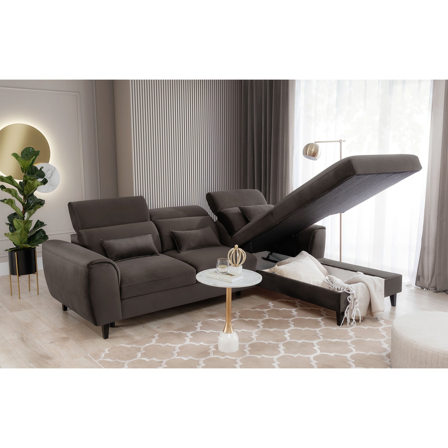 Foble Sectional Storage Sleeper Chaise Sofa - Dark Brown