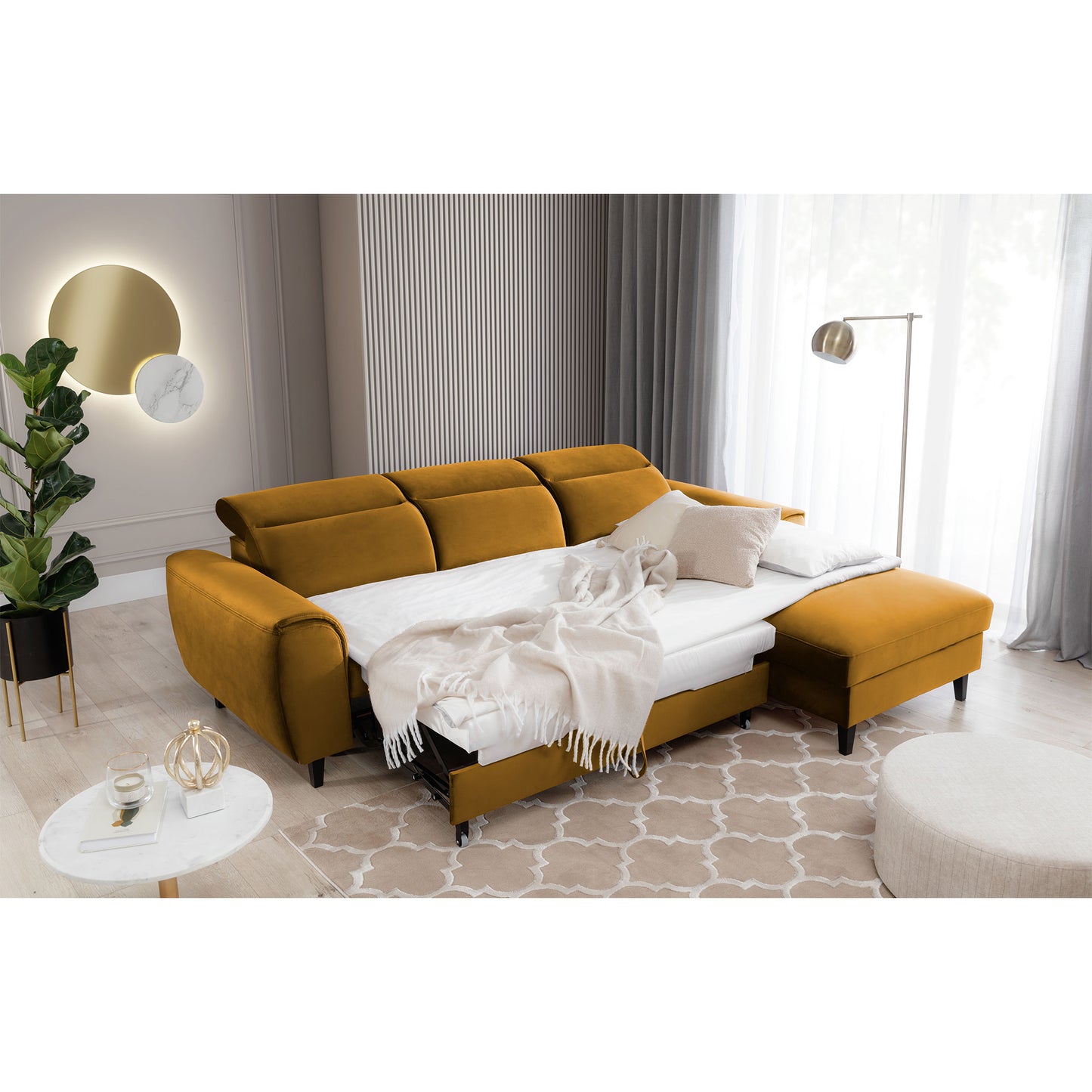 Foble Sectional Storage Sleeper Chaise Sofa - Mustard