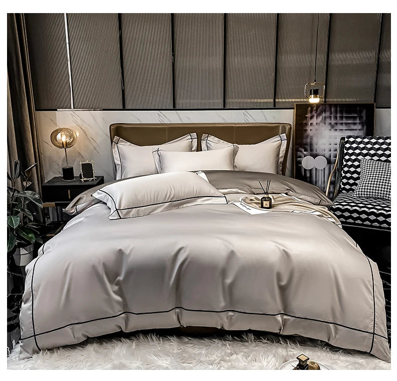 Royal Retreat Fine Gold Embroidered 600 TC Duvet Set - Purple/Dark Grey/White/Steel Blue/Light Grey/Jade Green/Peach Pink/Champagne/Blue/Beige/Aqua Green/Emerald Green