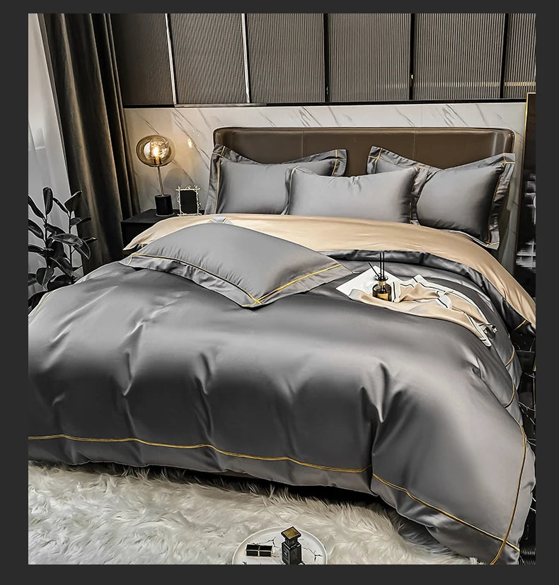 Royal Retreat Fine Gold Embroidered 600 TC Duvet Set - Purple/Dark Grey/White/Steel Blue/Light Grey/Jade Green/Peach Pink/Champagne/Blue/Beige/Aqua Green/Emerald Green