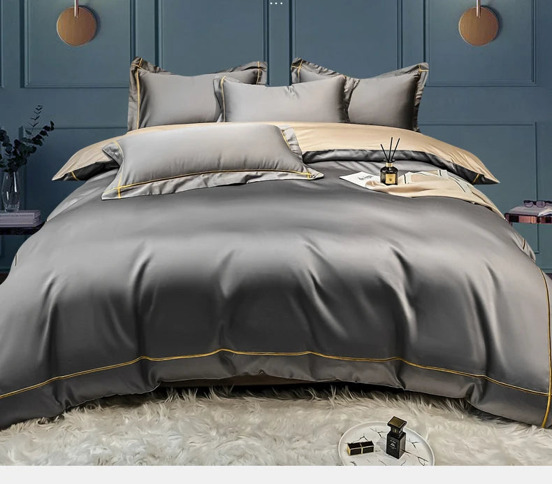 Royal Retreat Fine Gold Embroidered 600 TC Duvet Set - Purple/Dark Grey/White/Steel Blue/Light Grey/Jade Green/Peach Pink/Champagne/Blue/Beige/Aqua Green/Emerald Green