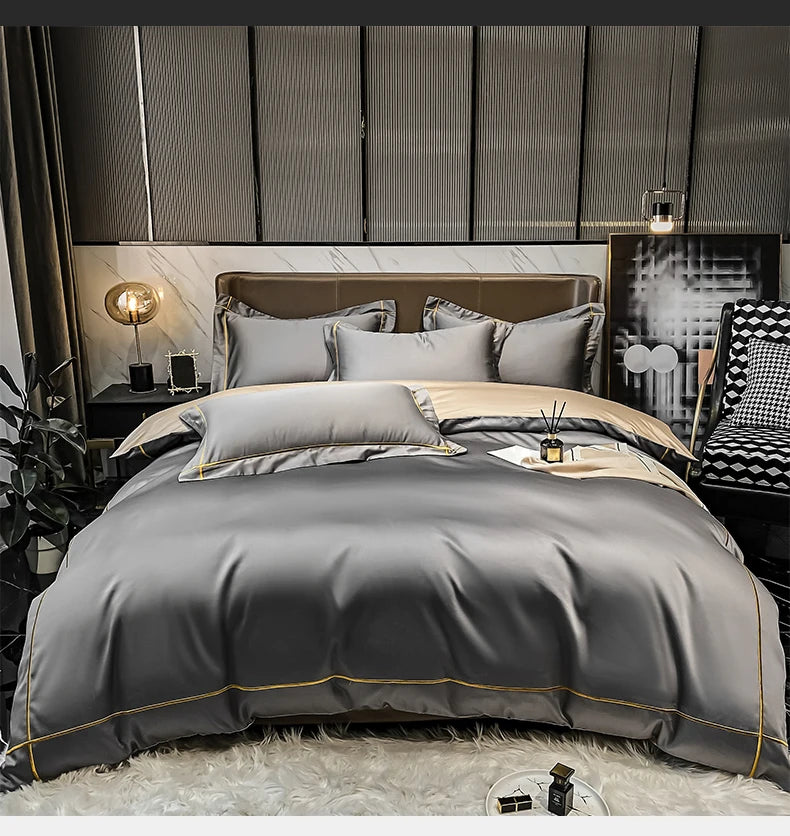 Royal Retreat Fine Gold Embroidered 600 TC Duvet Set - Purple/Dark Grey/White/Steel Blue/Light Grey/Jade Green/Peach Pink/Champagne/Blue/Beige/Aqua Green/Emerald Green