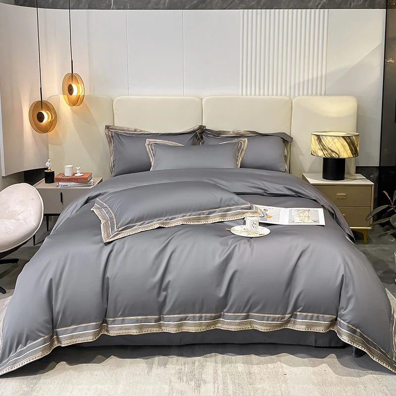 Royal Retreat Gold Edging Embroidered 1000 TC Duvet Set - Grey