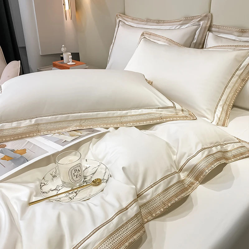 Royal Retreat Gold Edging Embroidered 1000 TC Duvet Set - White