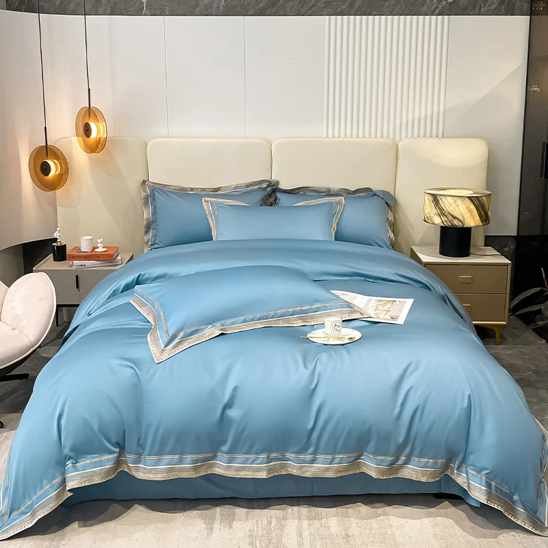 Royal Retreat Gold Edging Embroidered 1000 TC Duvet Set - Soft Blue