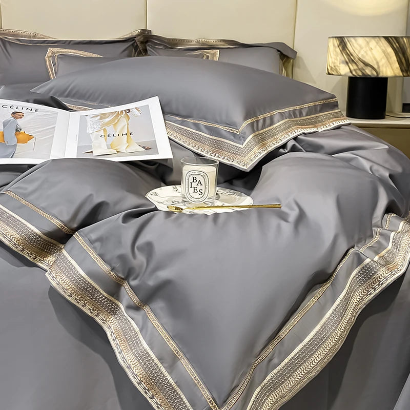 Royal Retreat Gold Edging Embroidered 1000 TC Duvet Set - Grey