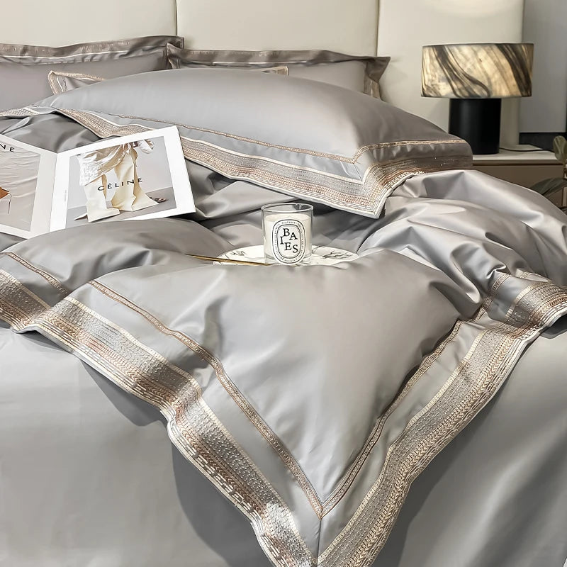 Royal Retreat Gold Edging Embroidered 1000 TC Duvet Set - Silver