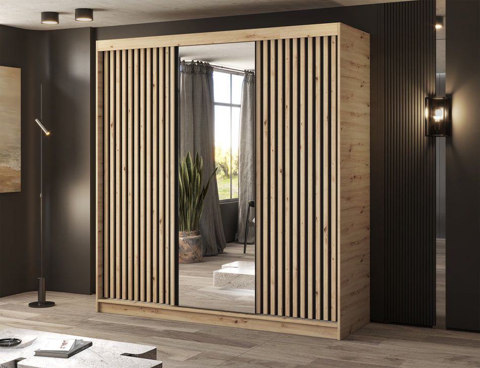 Emerio Mirrored 3 Sliding Door Freestanding Wardrobe - Artisan Oak