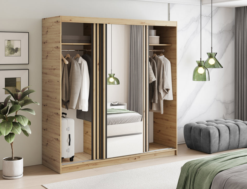 Emerio Mirrored 3 Sliding Door Freestanding Wardrobe - Artisan Oak