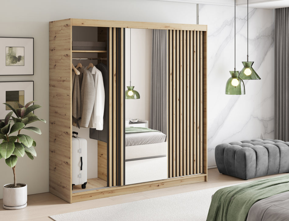 Emerio Mirrored 3 Sliding Door Freestanding Wardrobe - Artisan Oak